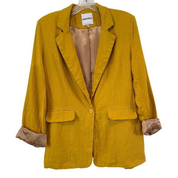 Unique21 Linen Blend One Button Casual Relaxed Boyfriend Blazer Size 8 Yellow - Picture 2 of 10
